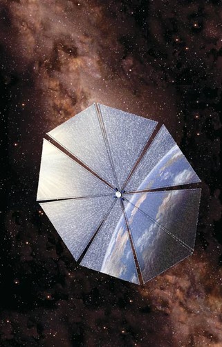 Solar sail artist’s impression of Cosmos-1 with earth behine - photo by Rick Sternbach, Planetary Society © SW